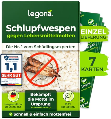 Legona® - Schlupfwespen gegen Lebensmittelmotten / 7X Trigram-Karte à 1 Lieferung/Effektive & Biologische Bekämpfung von Motten in Lebensmitteln/Alternative zu Mottenspray und Mottenkugeln