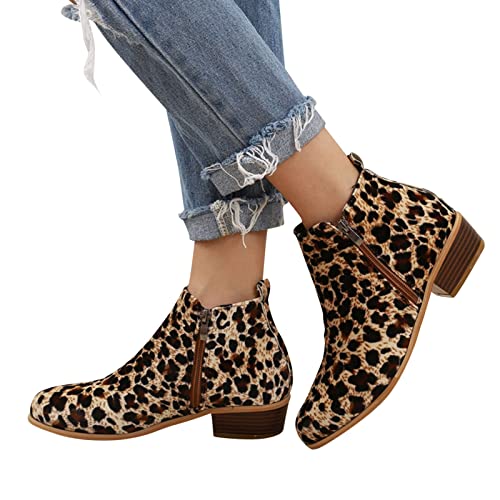 Stiefel Damen, Stiefeletten mit Absatz Plateau Seitlicher Zip Leopard Cowboystiefel Winterstiefel Elegant Kurzschaft Ankle Boots Winter Kurz Stiefel Winterschuhe Damenstiefel