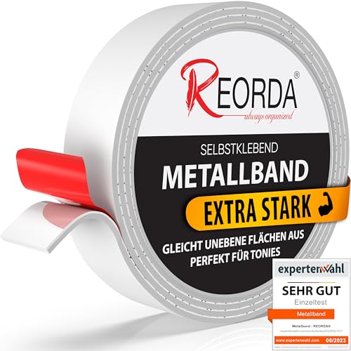 Reorda® Metallband selbstklebend Weiß - Ideal für Tonies®-Figuren & -Regale (25 mm Breite) - Magnetband für Magnete I Ferroband I Magnetband selbstklebend I Eisenband (3m)