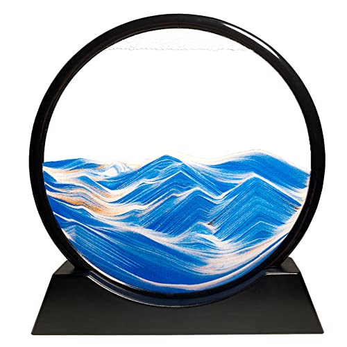 Yuomiker Fließende Sandmalerei - Dynamisch 3D Sandbilder zum Drehen, Bewegliche Sandkunst runder Glas Rahmen Sandbild, Landschaft Sanduhrdekoration für Desktop-Kunst Blauer Ozean Dekor (Blau, 7")