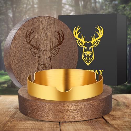 LULLEA Geschenke für Jäger, Hirsch Aschenbecher mit Deckel, Aschenbecher für Draussen, Hölzern Aschenbecher für Draussen Innen, Geruchssicherer Aschenbecher mit Edelstahleinsatz für Zigarre Zigarette