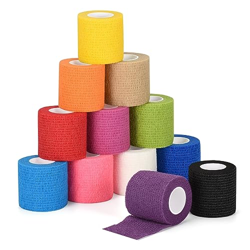 Sagafly 12 Rollen Selbstklebender Verband Selbsthaftende Bandage für Erste Hilfe Fixierbinde Cohesive Bandage Haftbandage Verband Sport Elastische Binde für Handgelenk Knöchel Vet Wrap Pet