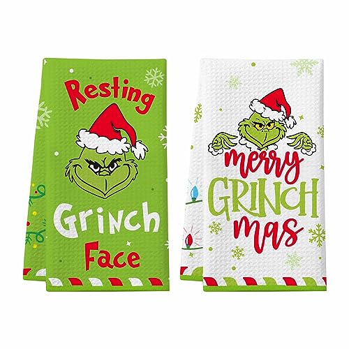 Grinchs Weihnachten Küchentücher, 2 Pack Lustigen Urlaub Geschirrtücher, Grinchs Bad Handtücher, Grinchs Weihnachten Home Decorations, Cute Xmas Geschenke für Frauen Männer