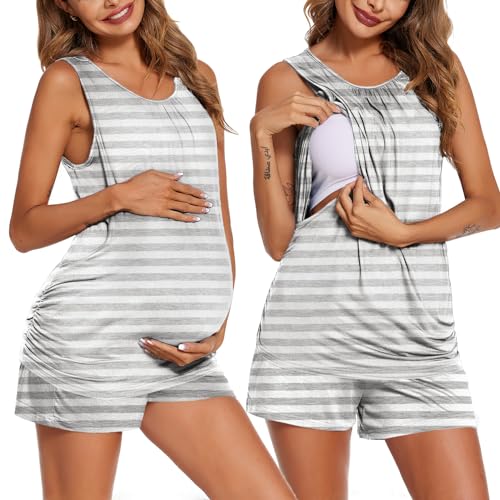 Ekouaer Damen Schlafanzug mit Stillfunktion Ärmellos Pyjama Set für Schwangere Kurz Hose mit Verstellbarem Elastischem Bund Stillshirt Streifen M