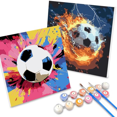 Malen Nach Zahlen Fußball 2 Stuck,Malen Nach Zahlen Kinder mit Rahmen,Painting By Numbers Fußball Easy 20*20 cm,DIY Handgemalt Ölgemälde Kit für Anfänger und Jungen Erwachsene,Home Haus Deko