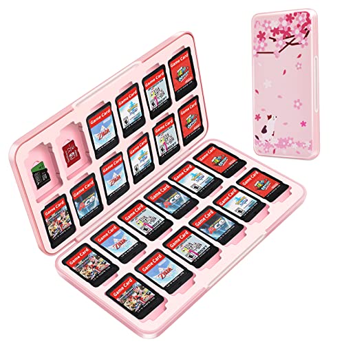 OLDZHU Süßes Rosa Aufbewahrungsbox für Spiele Kompatibel mit Nintendo Switch Game Card,Game Case für Nintendo Switch OLED mit 24 Spielkartenfächer und 24 Micro-SD-Kartenslots,Hartschalen-Weichgummi