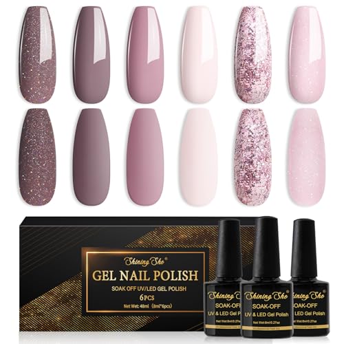 Shining She UV Nagellack,6 Farben Glitzer Rosa Dunkelrosa Hellrosa Nudefarben Gel Nagellack,Gellack Soak-Off UV Shellac Nagellack Set für Anfänger DIY Nailart zu Hause,8ml