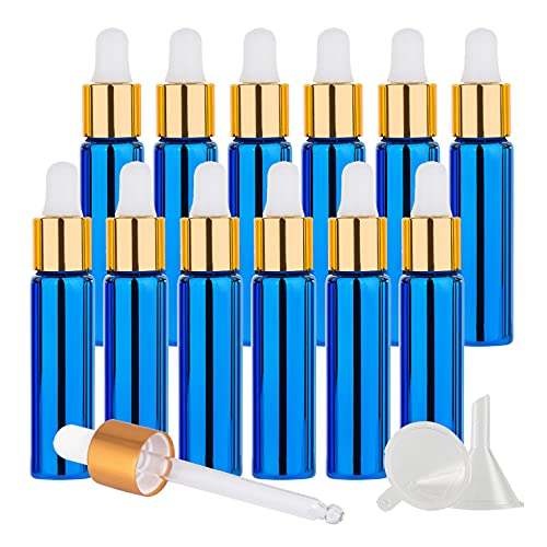 TIANZD 24 Stück 10 ml Leere Chrom Blau Tropfflasche Pipettenflaschen mit Glaspipette, 10ml Glasflasche mit Tropfpipette mit Gold Schraubverschluss für ätherische Öle, Parfüm Öle