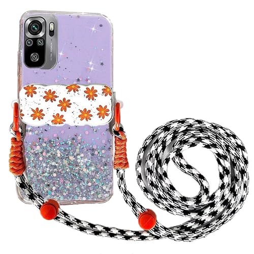 Miagon Handykette Hüll für Xiaomi Redmi Note 10 4G Glitzer Durchsichtig Case mit Universal Blume Telefon Clip Kordel zum Umhängen Handyanhänger Halsband Lanyard