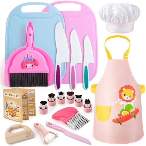 Juboury Kindermesser 18-Teiliges Kinder Schneideset, Montessori Messer, Kinder Schneidemesser, für Echtes Kochen mit Holzmesser, Schneidebrett, Kochschürze, Geburtstagsgeschenk für Kinder ab 3 Jahren