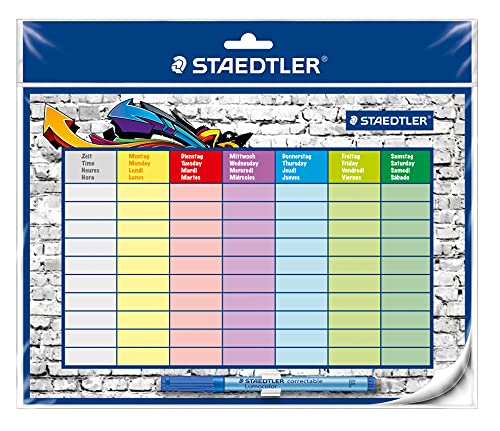 STAEDTLER Stundenplan Lumocolor, selbsthaftend und wiederverwendbar, trocken abwischbar, inklusive Lumocolor correctable und Stiftklemme, 641 SP2