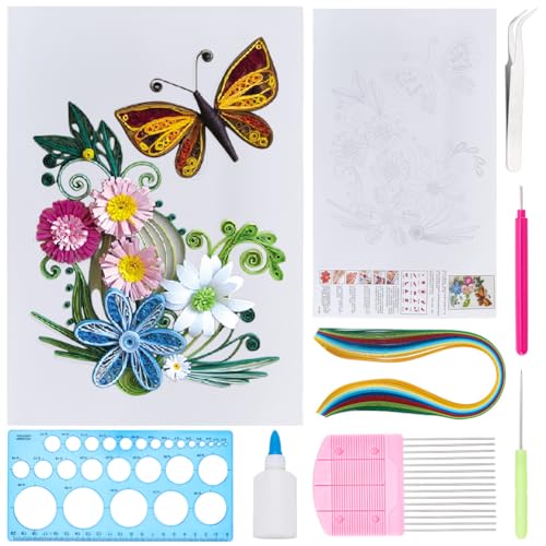 WEBEEDY DIY Schmetterling Blume Papier Quilling Kit für Erwachsene Anfänger Tier Thema Papier Quilling Making Kit mit Papier Quilling Streifen Werkzeuge und Anleitung Wanddekoration (A4, 21x29,7 cm)