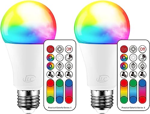 iLC Farbwechselnde LED-Glühbirne, 120 Farben, 70-Watt-Äquivalent, DIY-Blitz, warmweißes 2700K-RGB mit Fernbedienung, LED 10W A60 E27-Schraube (2er-Pack)