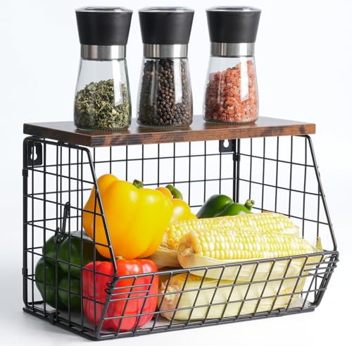 Wawocs Obstkorb Hängend Obstschale Obst Gemüse Aufbewahrung Wand Stapelbar Obstschale Etagere mit Holzdecke Küchenorganizer, Hängekorb Obst Metall Obstregal Fruit Stand mit 2 Haken,Schwarz