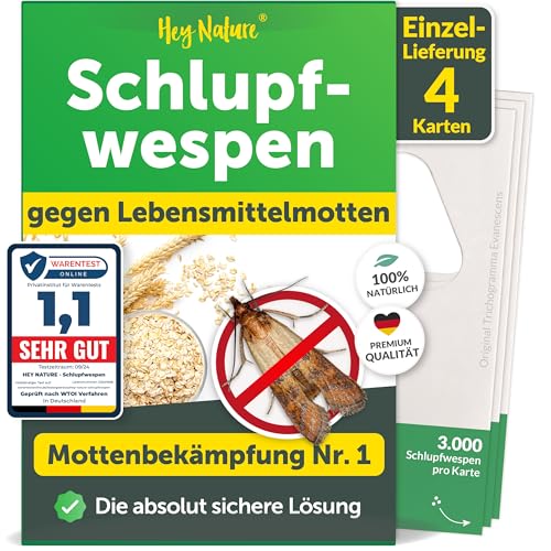 Schlupfwespen gegen Lebensmittelmotten - 1 x 4 Karten - Mit Schlupfwespen effektiv Lebensmittel-Motten bekämpfen - Alternative zu Lebensmittelmotten Falle, Mottenkugeln & Mottenspray