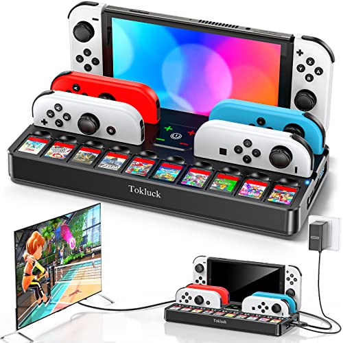 Switch TV Docking Station mit Joycon Ladestation, Switch OLED TV Dock Station mit 4K HDMI TV Netzteil, Ersatz Switch Dock mit Schnittstelle/Switch Controller Ladestation & 10 Spiele Aufbewahrung