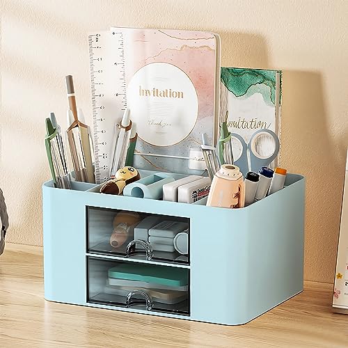 Glovios Schreibtisch Organizer, Stiftehalter Schreibtisch Kinder mit Schublade, Multifunktionaler Büro Organizer, Desk Organizer für Schule Büro Zuhause (Blau)