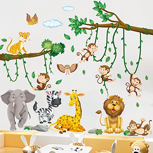 Wandtattoo Dschungel Tiere Baum Reben Wandsticker Kinderzimmer Tierische Party Wandaufkleber Elefant Giraffe Löwe Affe Zebra Eule für Jungen Mädchen Babyzimmer Schlafzimmer Wanddeko