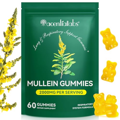 Mullein Gummies 2000mg für Lunge Mullein Blattextrakt für Lungenreinigung & Entgiftung, Atemgesundheitsgummis, Verdauungsunterstützung, Immun-Booster, 60 Stück