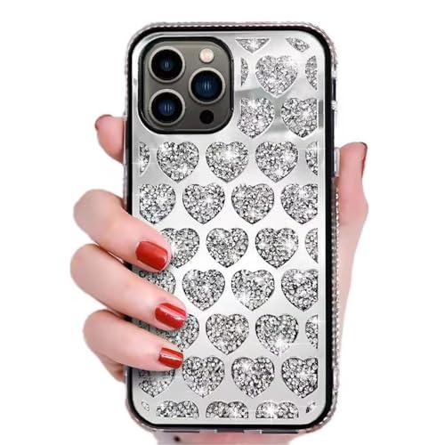 Rnrieyta Miagon Bling Diamant Hülle für iPhone 11 Pro Max,Spiegel Herz Glitzer Funkelnd Glänzend Steine Strass Schutzhülle Handyhülle für Frauen Mädchen,Silber