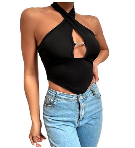 OUBOSI Sexy Schulter Freie Kreuz Bandage Aushöhlen Neck Holder Crop Tops Frauen Tank Top Ärmellose Kurze Weste Leibchen Rohr Top Weiblich,Black,S