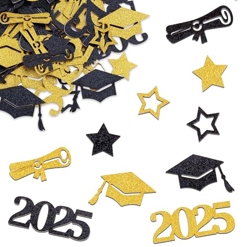2025 Graduation Deko Konfetti Schwarz Gold, 100 Stk Abschluss Deko Bachelor Deko Tischdeko, Prüfung Bestanden Deko Confetti,Abschluss Hut Streudeko für Congratulations Grad Bestandene Prüfung Geschenk