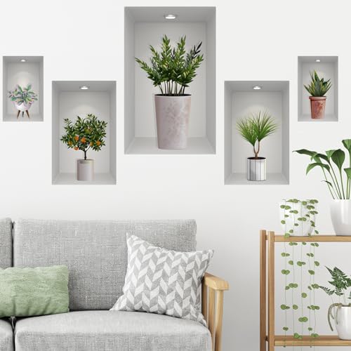 XINSUO 3D Wandaufkleber Vase,Vasen Wandtattoo für Wohnzimmer,3D Wandaufkleber Selbstklebend mit Blumen Grüne Pflanzen Baum Bonsai,für Küche Schlafzimmer Büro Wanddeko