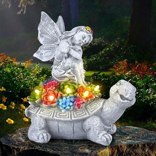 Diealles Shine Solar Gartenfiguren, Schildkröte Gartendeko Figuren mit Sukkulenten und 5 LED Leuchten, Gartendeko für Draußen Schildkröte Geschenke für Frauen, Lustig Wasserdicht für Terrasse Rasen