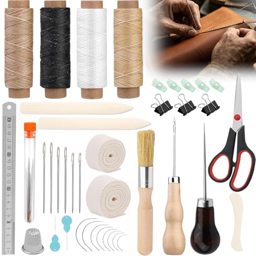 41-teiliges Buchbindewerkzeugset, Leder Nähset, Buchbindematerialien, Nähwerkzeuge für Leder, DIY-Buchbindeset, Buchbinde-Starter-Werkzeuge mit Bindeband, gewachstem Faden, Ahle, für DIY Handwerk