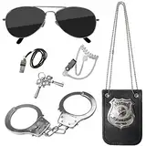 Hifot Polizei Kostüm Kinder, Polizist Handschellen Sonnenbrille Abzeichen Detective Cop Swat Rollenspiel Zubehör Halloween Party Kostüm Dress up