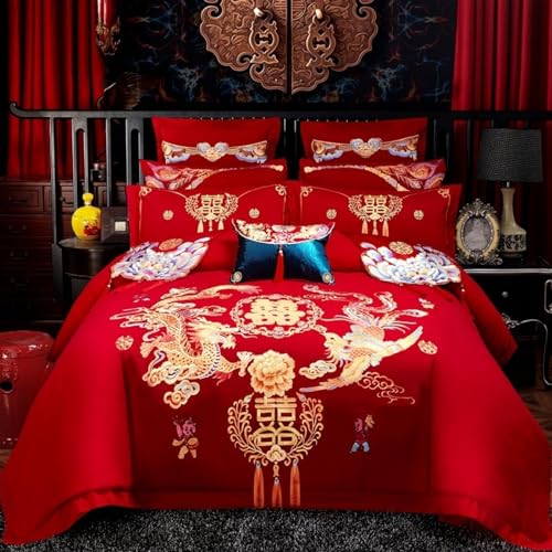 Chinesische traditionelle rote Bettlaken-Hochzeitsbettwäsche-Sets, asiatische Drache- und Phönix-Vogel-Stickerei, Bettbezug-Set, luxuriöse Schlafzimmer-Dekoration(Farbe:A,Größe:King)