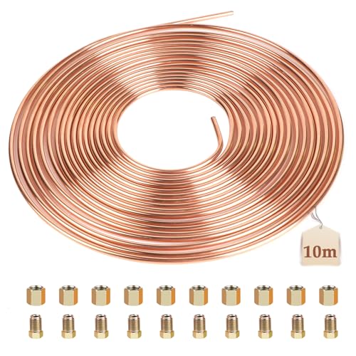 LALAGO Bremsleitungen, Bremsleitung aus Kupfer 10m Ø3/16" (4.75mm), mit 20 Muttern, Einbaufertige Kupferbremsleitung, Bremsleitung Bördelgerät, Auto Kupfer Bremsleitung General Bremskit für Automobile