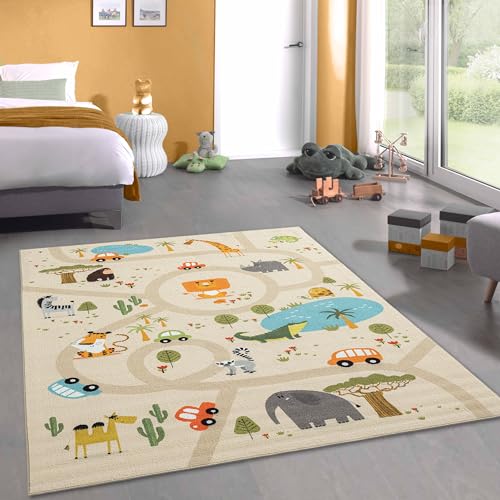 CARPETIA Kinderzimmer Teppich Kinderteppich Spielteppich waschbar rutschfest Safari/Dschungel beige 100x200 cm