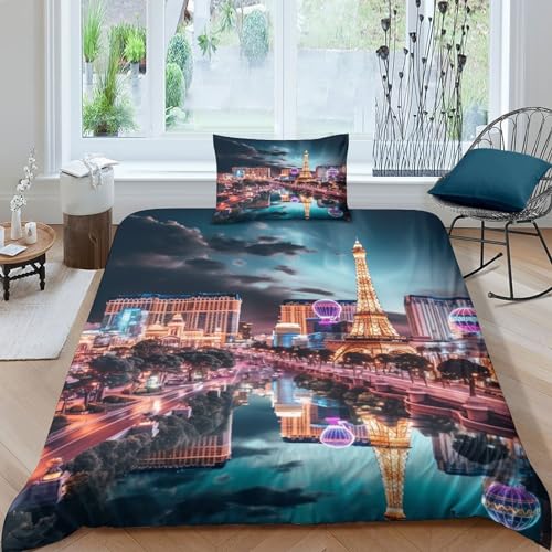 MMUNNA Las Vegas Bettbezug Set 3D Gedruckter Landschaft Mädchen Junge Kinder Bettwäschegarnitur Bettwäsche Und Kissenbezüge Reissverschluss Weich Microfaser 3 Teilig Single（135x200cm）