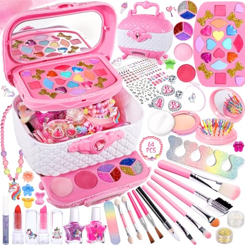 POWZOO Kinderschminke Set Mädchen,64 Piezas Kit de Maquillaje Niñas,Regalo de Princesa para Niñas de 5 a 12 años,Cumpleaños y Navidad.