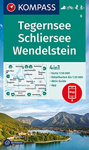 KOMPASS Wanderkarte 8 Tegernsee, Schliersee, Wendelstein 1:50.000: 4in1 Wanderkarte mit Aktiv Guide und 1:25000 Karten, inklusive Kartenbereich zur ... Fahrradfahren. Skitouren. Langlaufen.