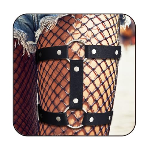 Flovel Punk Leder Beinkette Schwarz geschichtete Leder Körperketten Gürtel Gothic Oberschenkelkette Rave Nachtclub Körperkette für Frauen