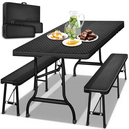 tillvex® Bierzeltgarnitur klappbar 3-teilig Set | Kunststoff Gartengarnitur wetterfest 180 cm | Gartenmöbel Set Indoor & Outdoor mit Gartentisch und Bänken | Festzeltgarnitur Rattan-Optik (Schwarz)