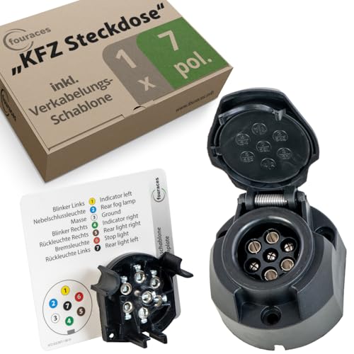 fouraces Anhänger Steckdose - 7 polig, inkl. Schablone - für Pkw, Kfz und Traktor - Anhängerkupplung, Zubehör, Ersatzteile, Dose, schwarz