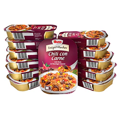 Buss Freizeitmacher Pikantes Chili con Carne mit Hackfleisch, Reis, roten Bohnen, Mais, Tomaten, Paprika - Fertiggerichte zum Aufwärmen in Mikrowelle & Topf - Schnell & Einfach Zubereitet - 12 x 300g