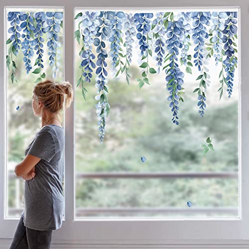 decalmile Fensteraufkleber Blumen Rebe Blau Fenster Abziehbilder Hängende Pflanzen Anti-Kollision Fensterfolie Glas Fensterdeko Aufkleber