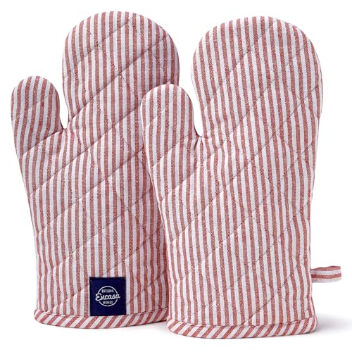 Encasa Homes Long 18x30 cm Oven Microwave Hand Gloves Mitts (2 pc Set) for Kitchen Cooking & Baking - Heat Resistant, Thick & Safe, Protection of Hands from Hot Utensils, Grill - Rot tickend