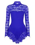 iEFiEL Damen Ballettkleid Rollkragen Spitzen Eiskunstlauf Kleid Tanzkleid Langarm Ballettanzug Trikot Body Wettkampf Sportkleid Blau L