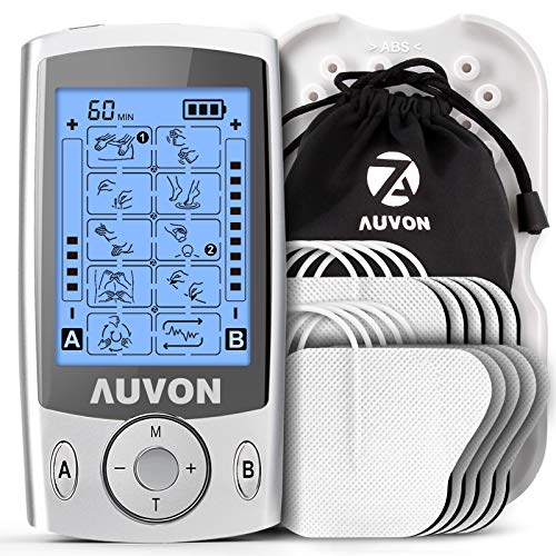 AUVON TENS Gerät, 2 Kanäle TENS Reizstromgerät mit 20 Trainingsprogramme und 10 Stück Premium Elektroden Pads mit patentiertem Design zur Schmerzlinderung von Rücken, Schulter, Nacken, Bein