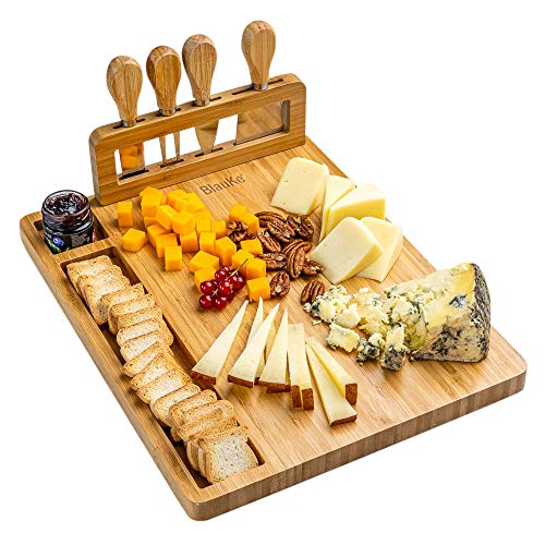 Bambus Käsebrett mit Käsemesser Set 35x28cm – Servierplatte aus Holz für Käse & Häppchen – Servierbrett Holz Käseplatte oder Schneidebrett Küchenbrett – Cheese Board Charcuterie Board – Geschenk Idee