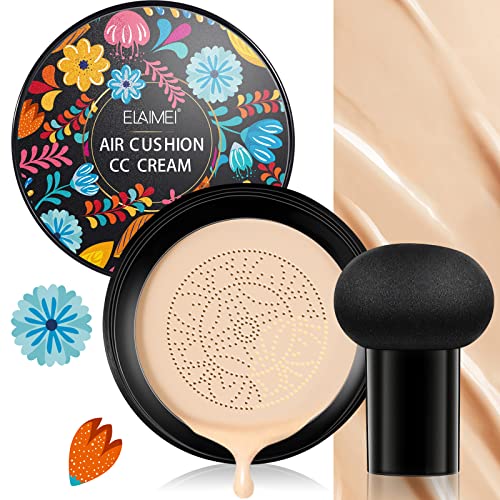 CC Cream - Foundation & Pilzkopfschwamm, Feuchtigkeitsspendender Concealer Pilzkopf Luftkissen, Lang Anhaltende Aufhellende Make-up-Basis, Gleichmäßiger Hautton für Alle Hauttypen (Natürlich)