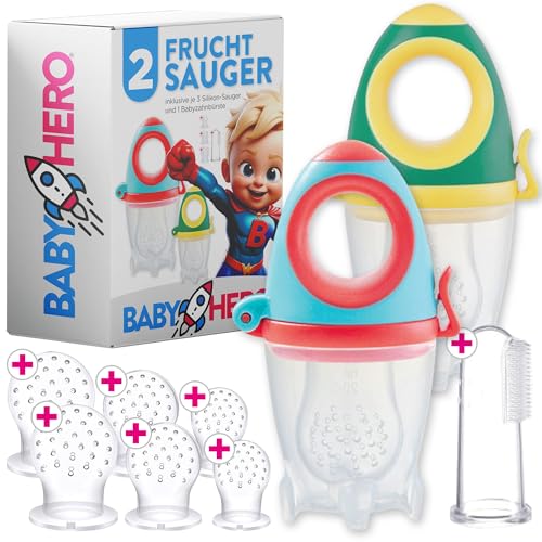 BABY HERO® 2x Fruchtsauger RAKETE für Baby & Kleinkind + 6 Ersatz-Sauger aus Silikon in 3 Größen + Baby-Zahnbürste | Hygienisch, Sicher & BPA-frei | für Obst, Gemüse, Brei Beikost & Co.