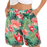 XUEJIANN Kurze Kompressionsstrümpfe für Damen, Strand-Shorts, elastische Taille, Blumendruck mit 2 Taschen, Damen-Nachtwäsche-Shorts, Übergröße, rot, L