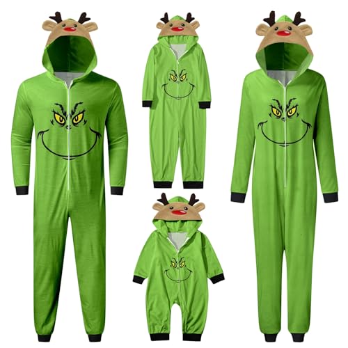 QWUVEDS Schlafanzug Weihnachten Grinch Pyjama Einteiler Pyjamas Sets für Familie, Niedlicher Weihnachts Einteiler Schlafanzüge mit Kapuze, Hausanzug Nachtwäsche für Damen Herren Kinder Baby 619