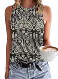WNEEDU Damen Tank Top Ärmellos - Oberteile Sommer Tanktops Rundhals Blusentop Vest Top Bluse Basic Boho Floral Schwarz 2XL